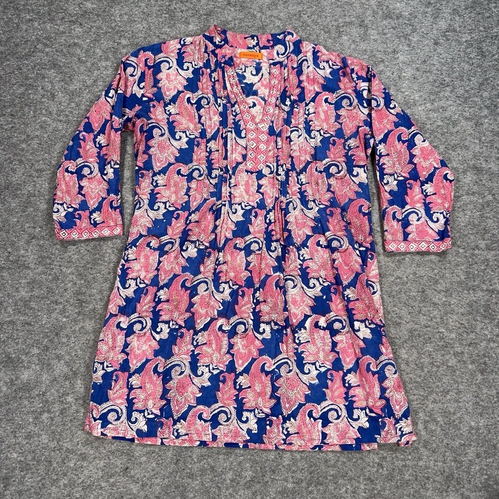 Varenya Dress Womens M Blue Paisley Shift 3/4 Sleeve VNeck 100% Cotton Festival